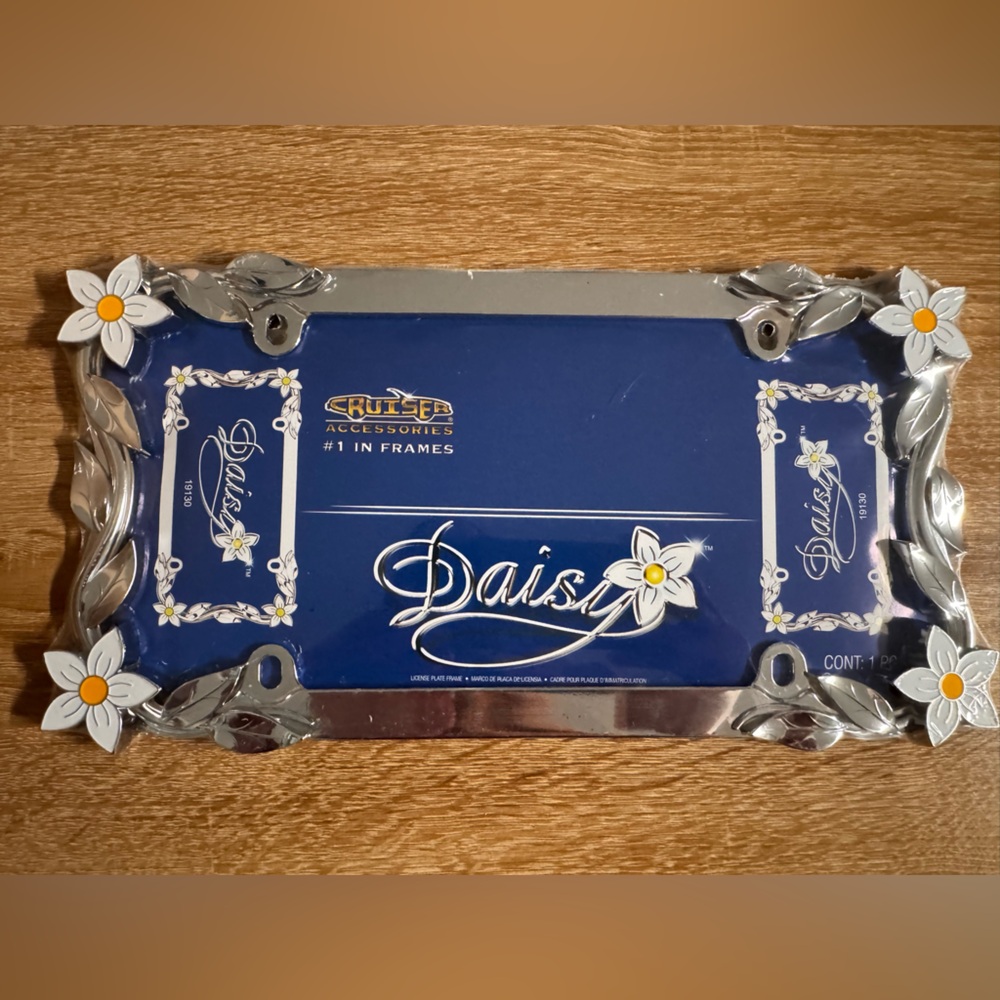 Silver and Blue Daisy License Plate Frame